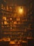 shelves cluttered with mysterious antique objects jars and pictures illuminated by a dim glowing lamp. ai