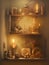 shelves cluttered with mysterious antique objects jars and pictures illuminated by dim glowing lamps and candles