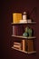 Shelves with different books, lamp and ceramic cacti on brown wall