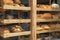 Shelves filled with freshly baked loaves of bread