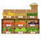 Shelves with fresh vegetable assortment. Wooden Grocery boxes. Illustrated vector. Flat color design.