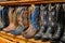 Shelves full of new cowboy boots.