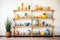 shelves lined with colorful vases and plant pots