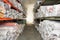 Shelves with rugs in a warehouse