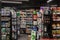 Shelves of a Supermarket aisle in the city center of Belgrade with various food and consumer goods packed, ready for being sold