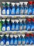 Shelves of supermarket with wide assortment of glass defroster