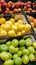 Shelves with variety testy vitamin products in fruit and vegetables department in the supermarket.