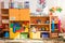 Shelves with various toys in the Russian kindergarten: Neftekamsk, Russian Federation, 16 April2021