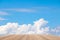 Shelves wood floor top empty with blue sky cloud vivid background