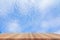 Shelves wood floor top empty with blue sky cloud vivid background