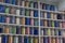 Shelving with glass jars of colorful pigments