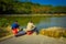 SHENZEN, CHINA - 29 JANUARY, 2017: Inside Lian Hua Shan park, large recreational area, people fishing in water lake