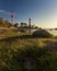 Shepelevsky lighthouse at the tip of the Karavaldai peninsula in the Leningrad region on a summer evening at sunset