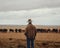 A shepherd in a cowboy hat standing in front of a herd of cattle. AI generative image.