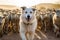 Shepherd dog guarding and leading the sheep flock