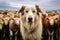 Shepherd dog guarding and leading the sheep flock on a summer day. Generative AI