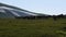 A shepherd on horseback gathers horses into a herd in a high mountain pasture. In the background is a mountain slope with snow. Th