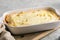 Shepherd\\\'s Pie with ground beef potato and cheese on wooden background top view copy space. Traditional homemade Irish