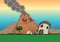 A shepherd, a sheep in front of an volcano. Vector illustration