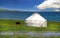 Shepherds tent Yurt with blue flowers, Kyrgyzstan mountain scene