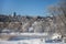 Sherbrooke downtown Quebec Canada, winter landscape cold temperature frozen river mist and fog ice water