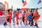 Sheregesh, Kemerovo region, Russia - April 12, 2019: Young happy pretty women dressed in bikini and carnival costumes on a snow
