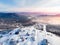 Sheregesh Kemerovo region ski resort in winter, landscape on mountain and hotels, aerial top view