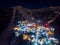 Sheregesh Kemerovo region ski resort in winter, night landscape on mountain and hotels, aerial view