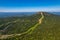 Sheregesh ski resort in summer, landscape on mountain Mustag, aerial top view Kemerovo region Russia