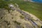 Sheregesh ski resort in summer, landscape on mountain Mustag, aerial top view Kemerovo region Russia