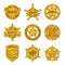 Sheriff badges. Police department emblem, golden badge with star of official representative of law. Symbols vector set