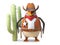 Sheriff cowboy penguin stands aloof near a cactus in the wild west, 3d illustration