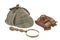 Sherlock Holmes Deerstalker Cap, Vintage Magnifying Glass And Re