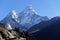 A Sherpa facing a stupa under Mt. Ama Dablam at Nepalese Himalayas