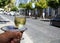 Sherry wine tasting, dry fino, manzanilla or palomino jerez fortified wine in glasses, Jerez de la Frontera, Andalusia, Spain