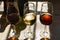 Sherry wine tasting, selection of different jerez fortified wines from dry to very sweet in glasses, Jerez de la Frontera,