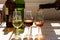 Sherry wine tasting, selection of different jerez fortified wines from dry to very sweet in glasses, Jerez de la Frontera,