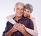 Shes always got my back. Studio portrait of an affectionate elderly couple against a white background.