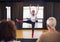 Shes got talent. a female dancer performing before the judges during a dance audition.