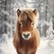 Shetland Pony Head Image With Snowy Alder Forest Background