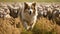 A Shetland sheepdog is guarding sheep on a farm