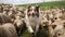 A Shetland sheepdog is guarding sheep on a farm