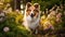 Shetland sheepdog running and jumping in the garden