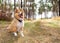 Shetland sheepdog sits in a forest