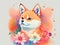 Shiba Inu with colorful flower painted in watercolor on a white background.generative AI