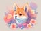 Shiba Inu with colorful flower painted in watercolor on a white background.generative AI