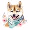 Shiba Inu Cutie: Adorable Puppy in Watercolor with Pastel Pink Headband and Bow AI Generated