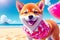 Shiba inu dog on the beach. Summer vacation concept. generative ai.