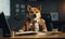 Shiba inu Dog in a businessman suit sits diligently at an office desk, exuding professionalism. Created by AI