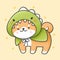 Shiba inu dog in dinosaur costume cartoon hand drawn style